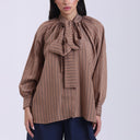 Brown  striped blouse with oversized bow and button-down front.