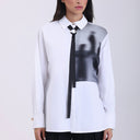 GIZIA white blouse with black pants and tie detail – long-sleeve elegant shirt for women.