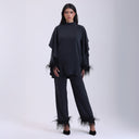 Lisa  Exclusive black silk feather-trim blouse and pants set for women