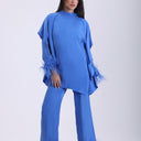 Lisa Exclusive blue  silk feather-trim blouse and pants set for women