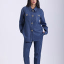 Yesim Ozcan Dark Blue Metallic Denim Set – Long Blouse and Pants